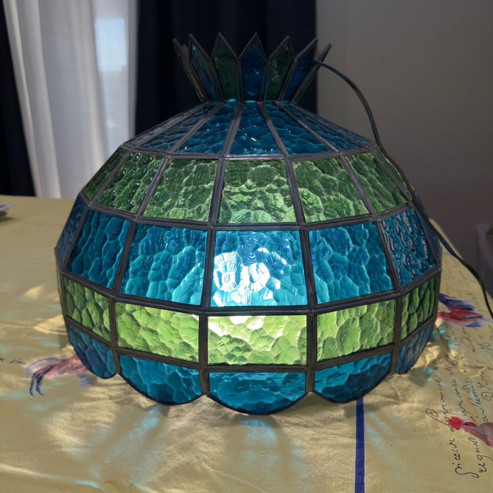 VTG MCM Stained Glass Pendant Light Shade Blue Green Slag Glass Scalloped 20"
